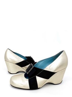 Thierry Rabotin Shoes Wedge Heels Size 5.5 Platinum (gold/silver) Black Jeweled